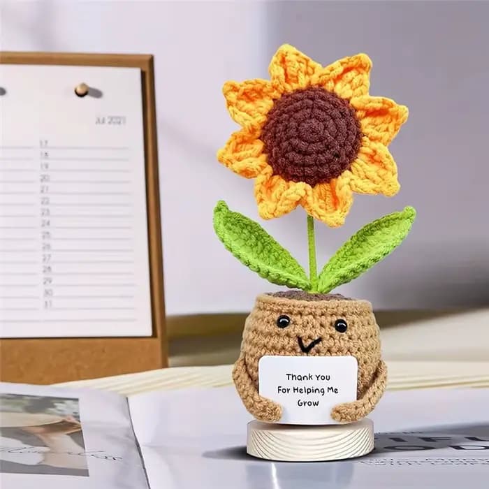 Décor de bureau tournesol au crochet fait à la main avec message « Merci pour aidez-moi grandir » - 