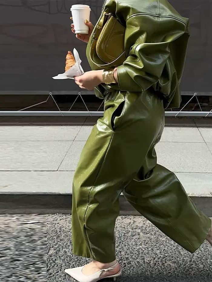 Veste en cuir vert olive avec fermeture éclair, manteau silhouette vintage, pardessus court à revers, haut décontracté, vêtements d'extérieur tendance High Street, automne
