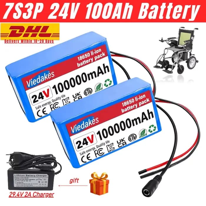 🌍 Batterie lithium haute capacité 24V 100Ah pour fauteuils roulants 🏅 Pack rechargeable 7S3P 18650 100000mAh 🔥 avec