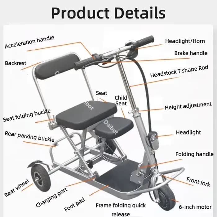 Famille pliante 3 roues 2 places Scooter de mobilité personnes âgées léger pour voyage 250W 36V Tricycle électrique pliable adultes filles