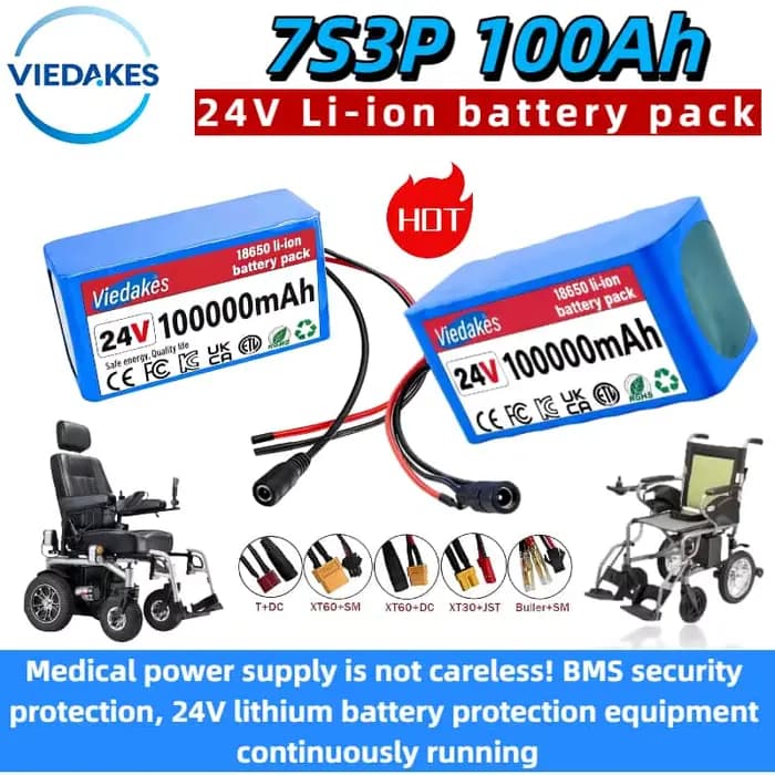 🌍 Batterie lithium haute capacité 24V 100Ah pour fauteuils roulants 🏅 Pack rechargeable 7S3P 18650 100000mAh 🔥 avec