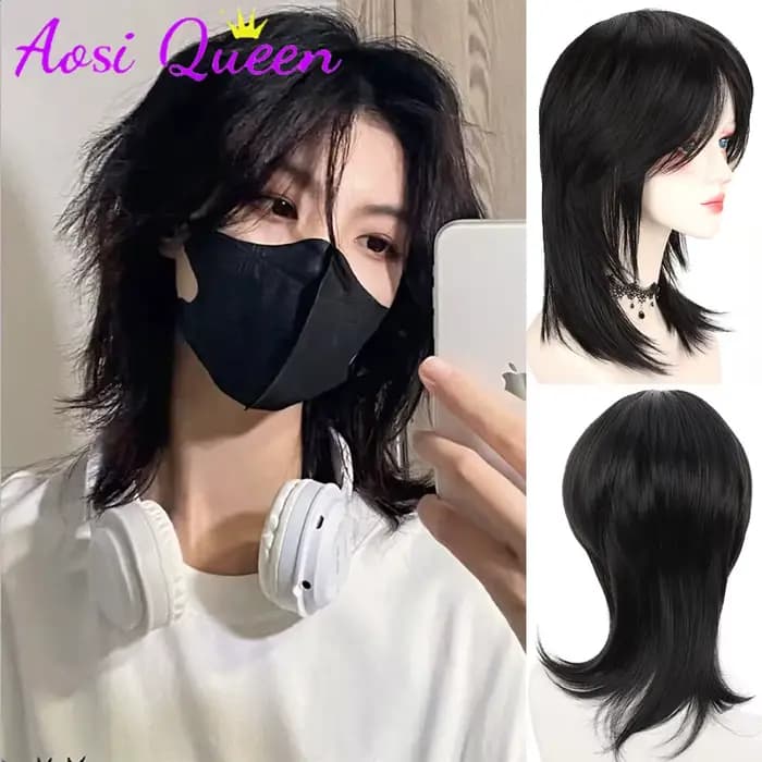 AOSI-Perruque courte queue de loup pour femme, cheveux japonais, belle tête de Liban et unisexe, naturel, tête de samouraï à moitié attachée, équipement de sauna unisexe