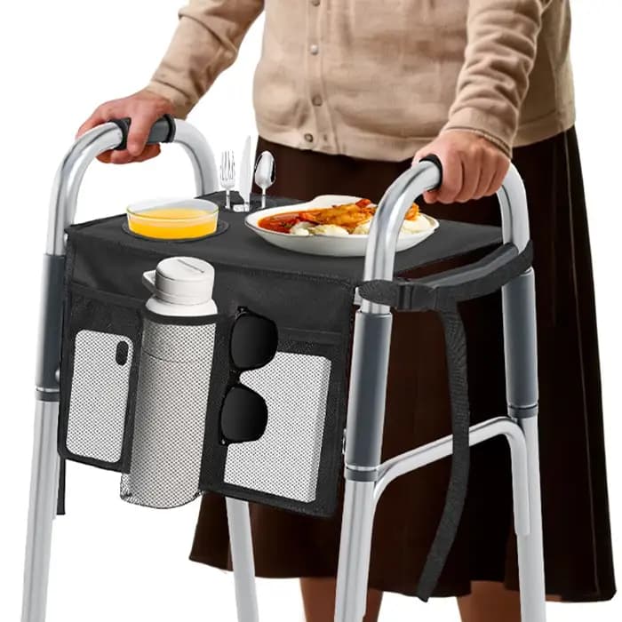 Plateau pliable pour déambulateur avec porte-gobelet