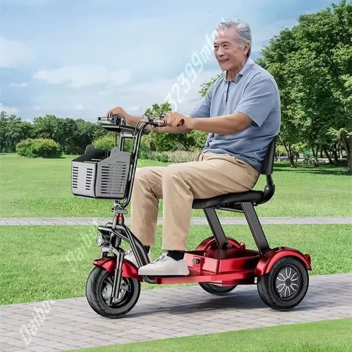 Scooter de mobilité pliable à 3 roues rouge et noir antivol avec barre de traction