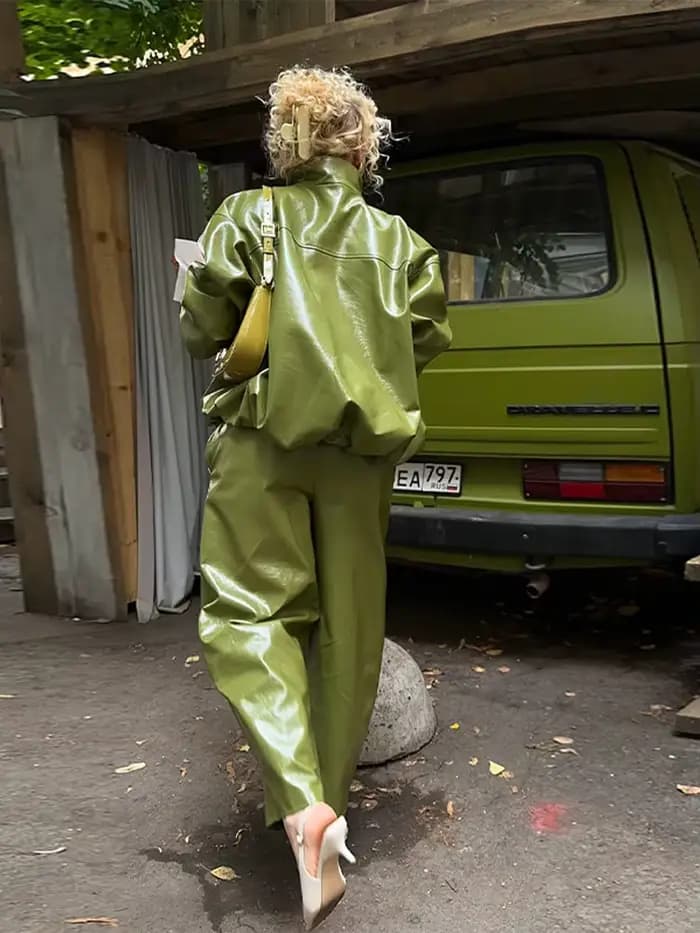 Veste en cuir vert olive avec fermeture éclair, manteau silhouette vintage, pardessus court à revers, haut décontracté, vêtements d'extérieur tendance High Street, automne
