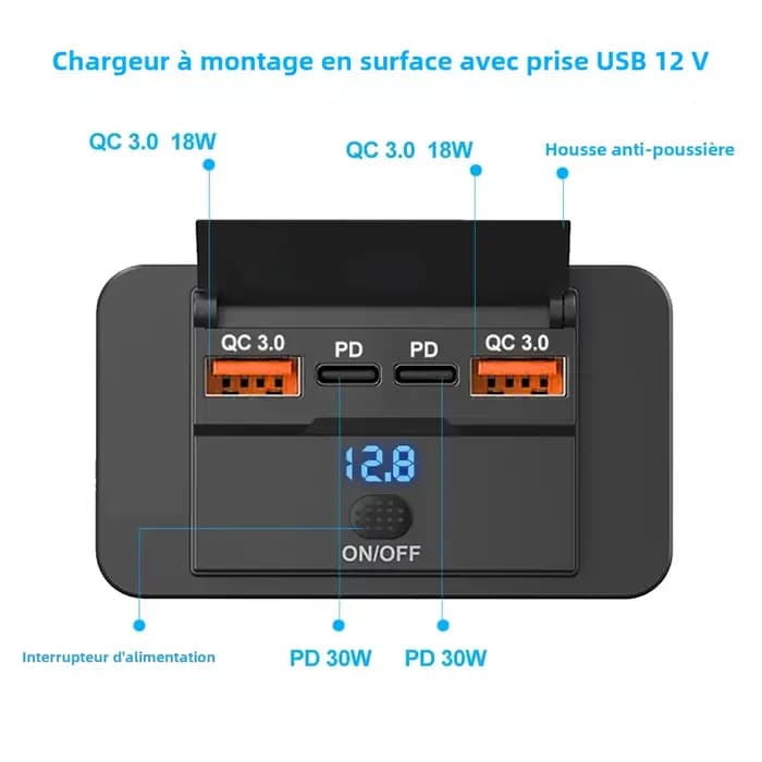 Adaptateur de prise de chargeur de voiture avec interrupteur, séparateur de charge à 2-4 Ports, prise pour Bus, RV, ATV, camion, bateau, sortie, 12V, 24V, PD, QC3.0
