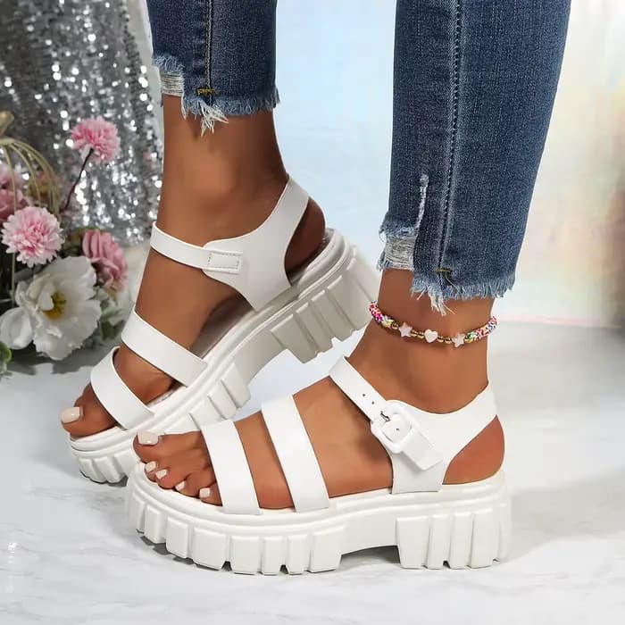 Sandales confortables à talon épais pour femme, grande taille, à bout ouvert, plateforme, avec bride à boucle, à talon haut et bout rond, tendance