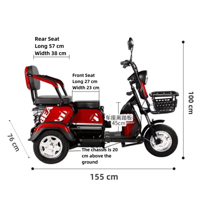 Trottinette de mobilité à 3 roues pour personnes âgées 800W 60V 30AH Parents enfants Tricycles électriques pour femmes 2 sièges adultes avec siège réglable