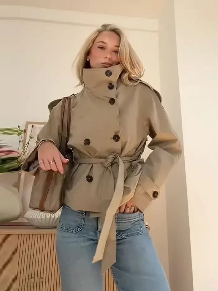 Trench-Coat à col haut pour femmes, couleur unie, élégant, Double boutonnage, à lacets, manches longues, coupe-vent, mode rue, manteau quotidien décontracté