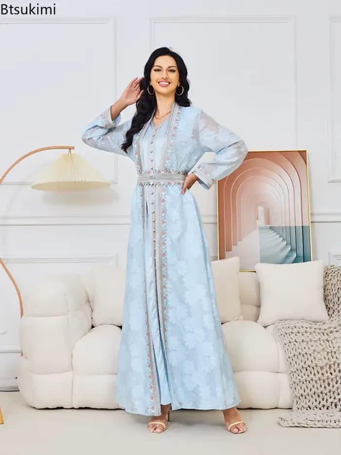 Robe de fête musulmane pour l'Aïd 2026, Abaya ouverte pour femmes avec robe intérieure, ensemble 2 pièces, Jalabiya, Robe élégante du Ramadan, Caftan, Costume ethnique