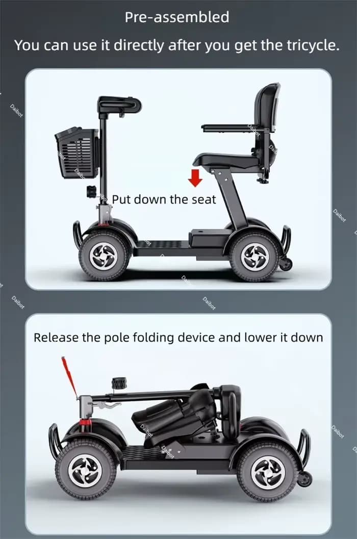 Famille personnes âgées 4 roues Scooter de mobilité électrique pliable handicap pré-assemblé avec main courante Saeat Scooters électriques pour adultes