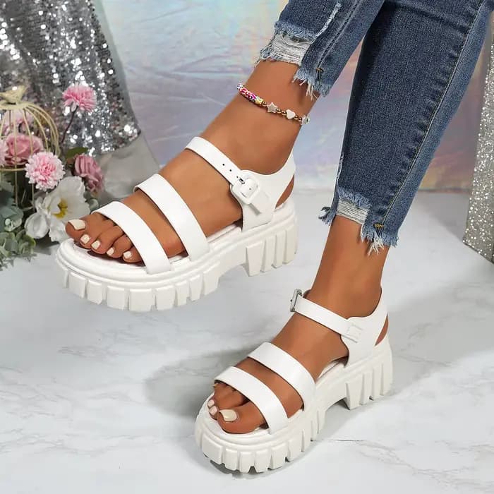 Sandales confortables à talon épais pour femme, grande taille, à bout ouvert, plateforme, avec bride à boucle, à talon haut et bout rond, tendance