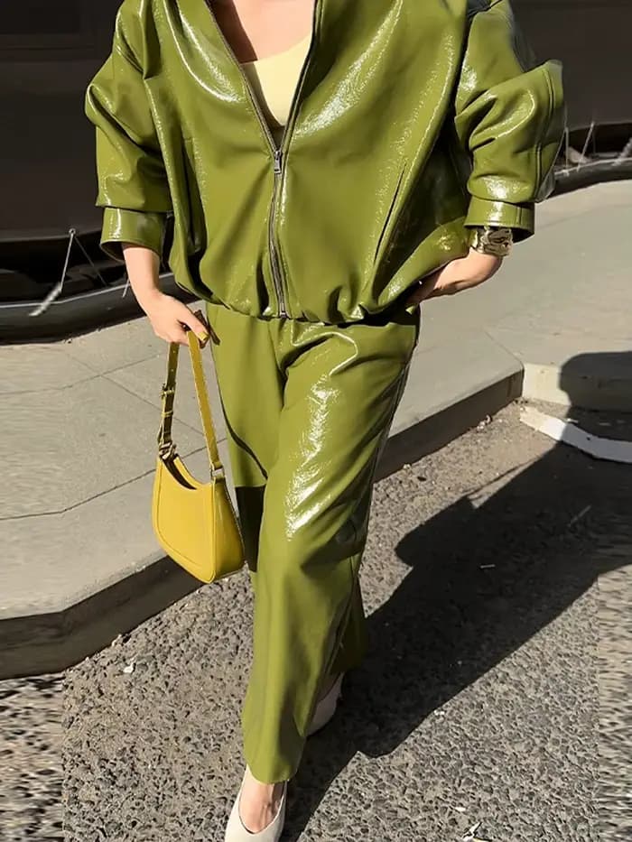 Veste en cuir vert olive avec fermeture éclair, manteau silhouette vintage, pardessus court à revers, haut décontracté, vêtements d'extérieur tendance High Street, automne