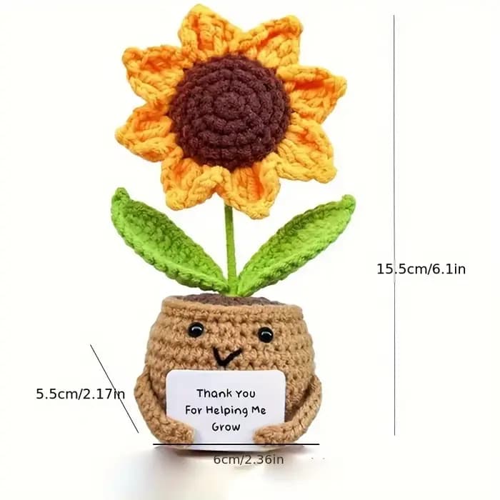 Poupée tournesol au crochet faite à la main avec carte de remerciement - "pour aidez-moi grandir" - Parfaite pour Noël, anniversaire, remise de diplôme