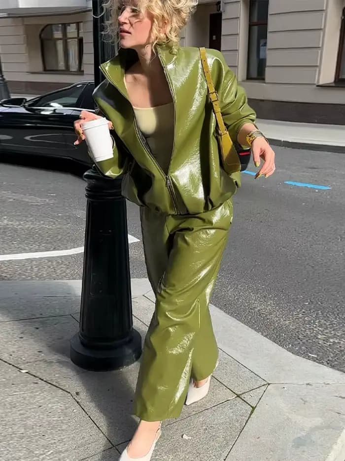 Veste en cuir vert olive avec fermeture éclair, manteau silhouette vintage, pardessus court à revers, haut décontracté, vêtements d'extérieur tendance High Street, automne