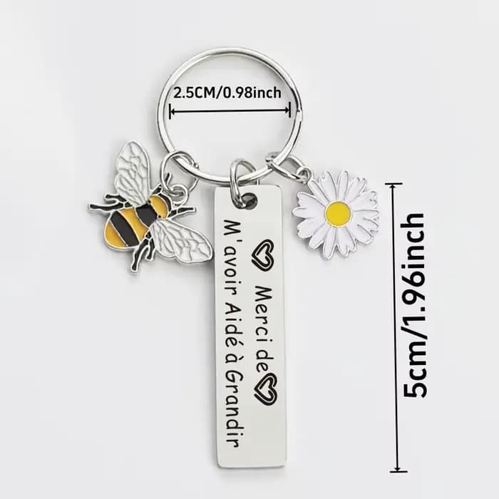 Porte-clés de gratitude avec breloques marguerite et abeille, gravé "Merci de m'avoir aidé à grandir", en acier inoxydable, cadeau de remerciement pour les enseignants