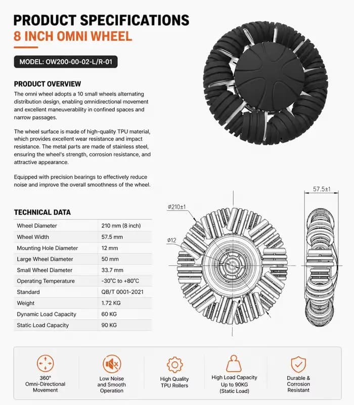 Roue omnidirectionnelle de 5 pouces et 8 pouces avec roulements