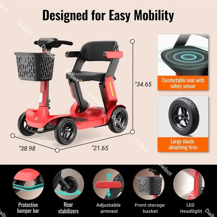 Scooter électrique intelligent pré-assemblé pliable à 4 roues pour adultes âgés handicapés avec détection de siège