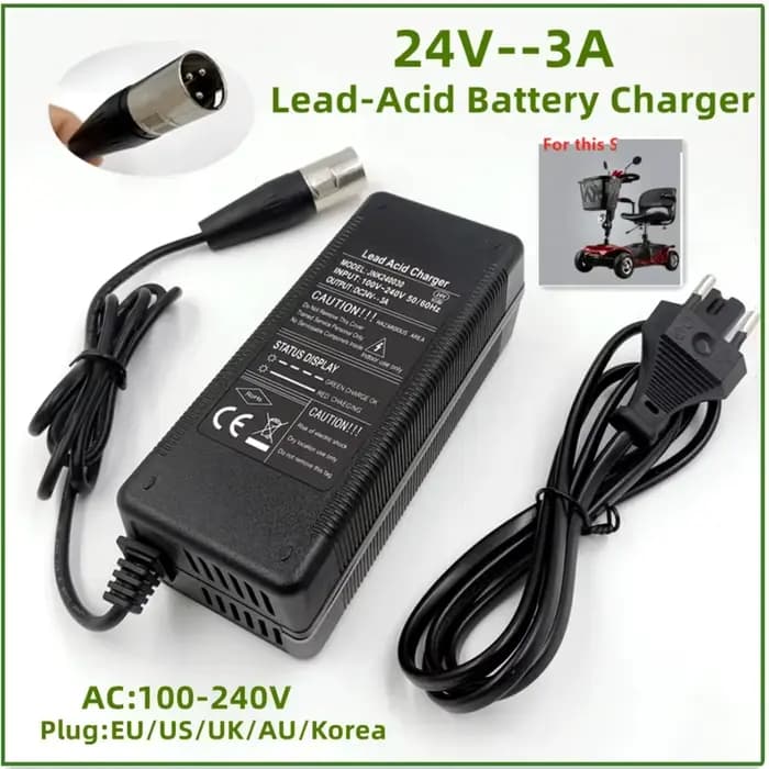 Chargeur de batterie au plomb 24V 3A pour fauteuil roulant pour batterie au plomb connecteur XLR à 3