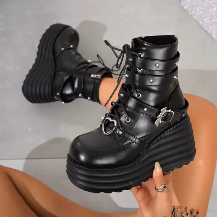 Bottines pour femmes à bout rond, plateforme haute, talon compensé, à lacets, fermeture éclair latér