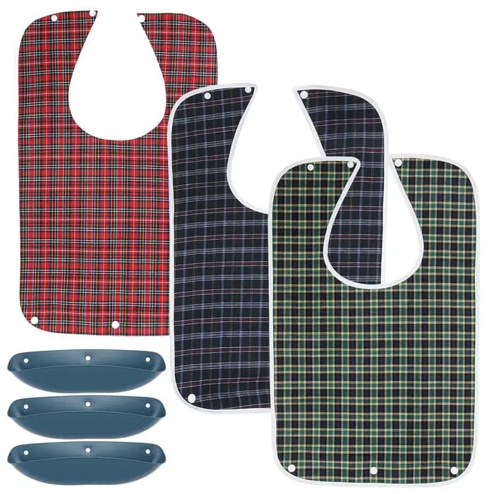 Lot de 3 bavoirs de repas pour adultes à motif quadrillé, réglables, imperméables, avec poche récupé