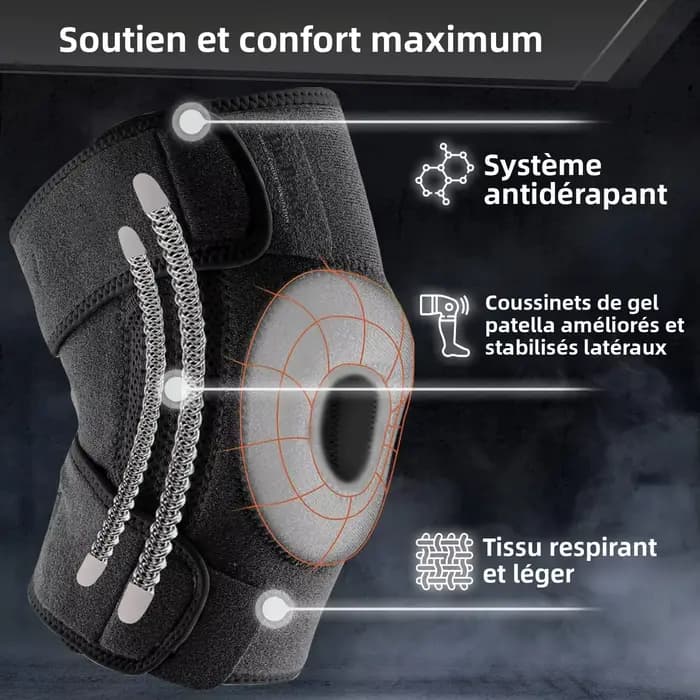 Genouillère avec stabilisateurs latéraux et coussinets en gel pour la rotule