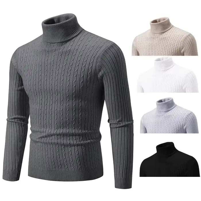 Pull col roulé chaud pour homme 2026 – Couleur unie, tricoté, décontracté, en laine, pour l'hiver et les activités de plein air