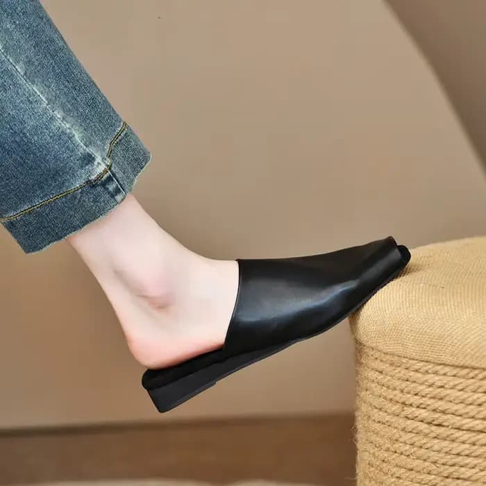 Mules pour femmes, chaussures d'extérieur, pantoufles à bout carré fermé, en cuir de vachette, style simple, souples, en cuir véritable