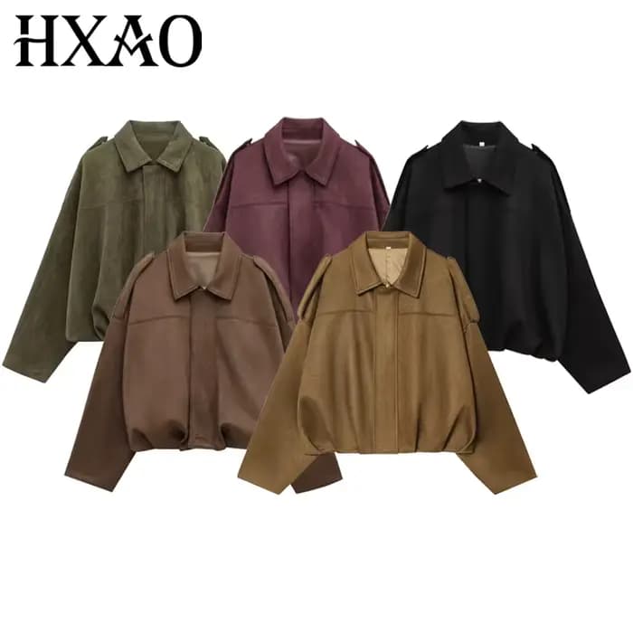 HXAO – veste courte en daim pour femme, blouson bombardier surdimensionné, manches chauve-souris, vêtements d'extérieur, manteau ample décontracté, vestes de Style de rue
