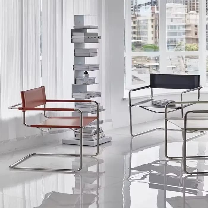 Bauhaus – chaise à dossier avec accoudoirs de bureau, selle en acier inoxydable, chaise de salle à manger en cuir, chaises de loisirs confortables, meubles pour accessoires Photo