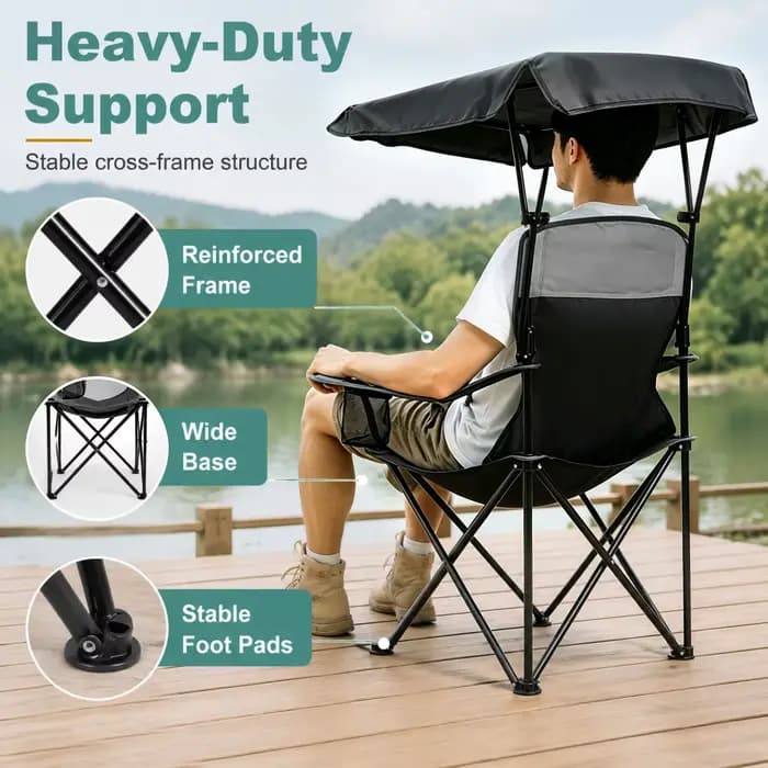 Chaise de camping avec auvent, chaise de plage avec ombrage, portable, légère, surdimensionnée pour tous, facile à ouvrir et à fermer sans installation