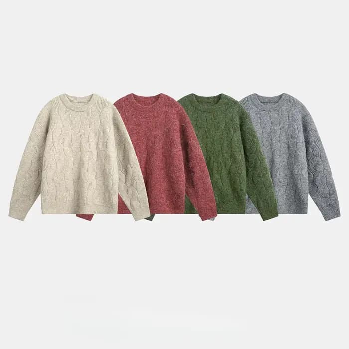 Pull en maille torsadée texturée à col semi-montant pour homme, couleur unie, style vintage décontracté, collection automne/hiver 2026