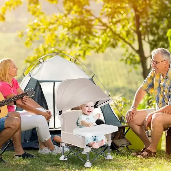 Chaise d'alimentation Portable pour bébé, siège surélevé pliant avec parasol, chaise d'alimentation et plateau amovible pour voyage, pelouse, plage, extérieur