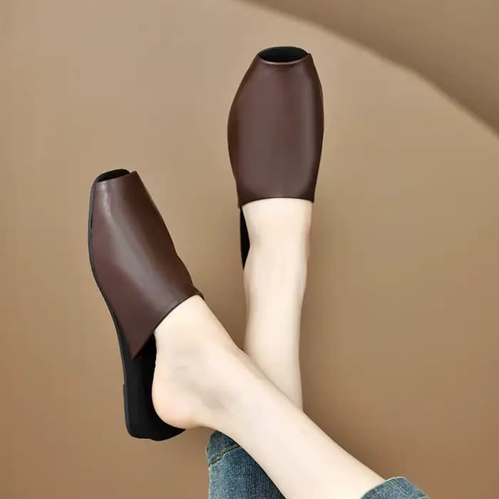 Mules pour femmes, chaussures d'extérieur, pantoufles à bout carré fermé, en cuir de vachette, style simple, souples, en cuir véritable
