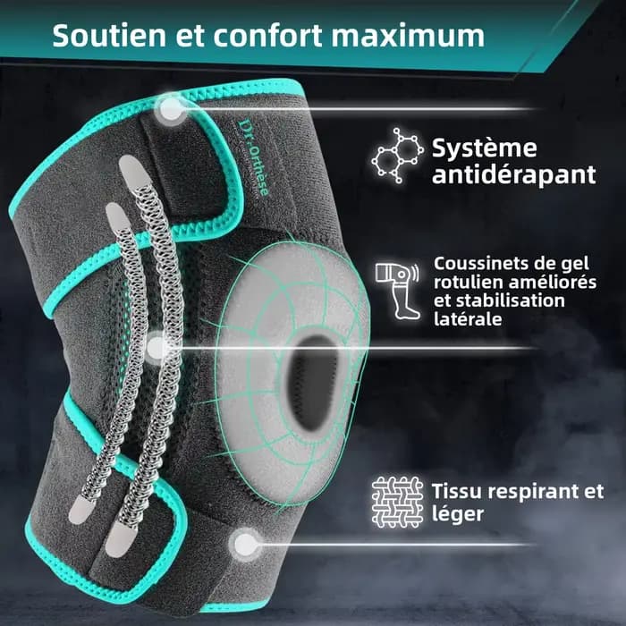 Genouillère avec stabilisateurs latéraux et coussinets en gel pour la rotule