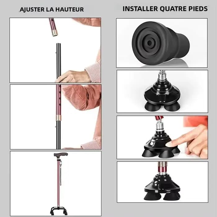 Bâton de marche lumineux LED pour personnes âgées – Béquille réglable en alliage d'aluminium avec base en caoutchouc