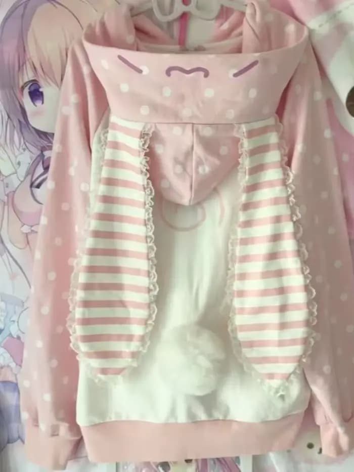 Sweat à capuche rayé pelucheux japonais Kawaii pour femme, manteau en peluche imprimé chat avec fermeture éclair, ample, manches longues, adorable manteau à pois, hiver