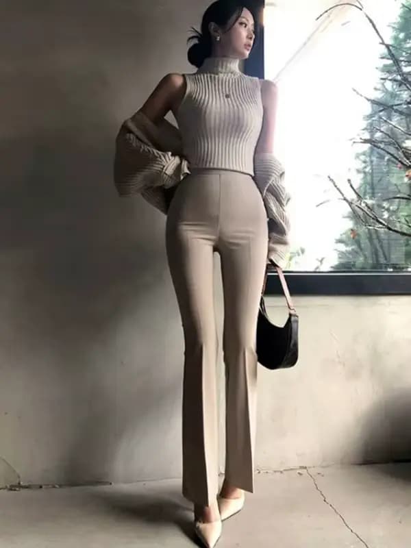 Pantalon décontracté évasé taille haute confortable et tendance pour femme, style trajet quotidien, en mélange polyester, viscose et élasthanne