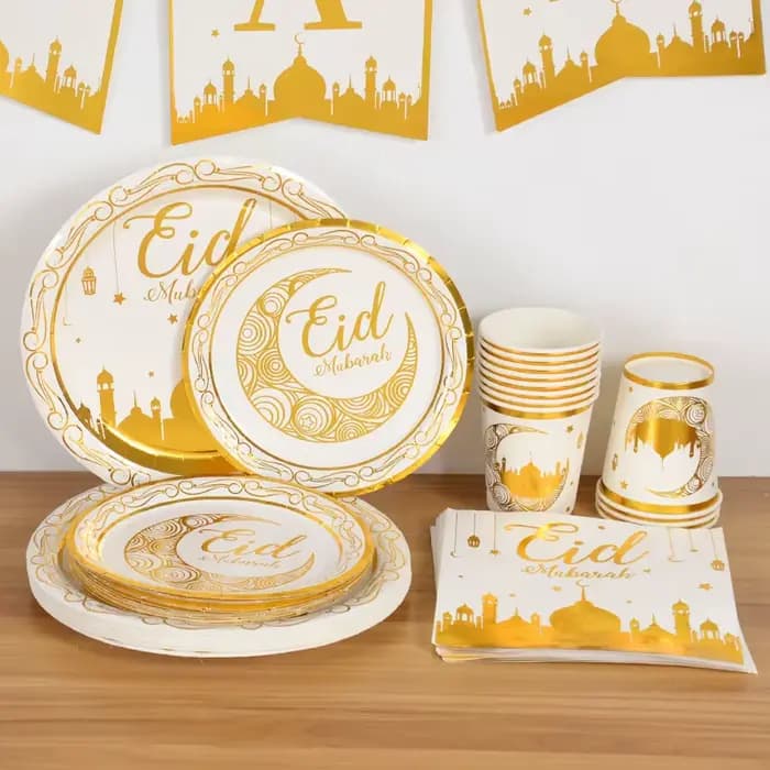 Ensemble de vaisselle de fête Eid Mubarak, assiettes jetables dorées, gobelets, serviettes, bannière, fournitures islamiques musulmanes 2026, décorations Ramadan Kareem