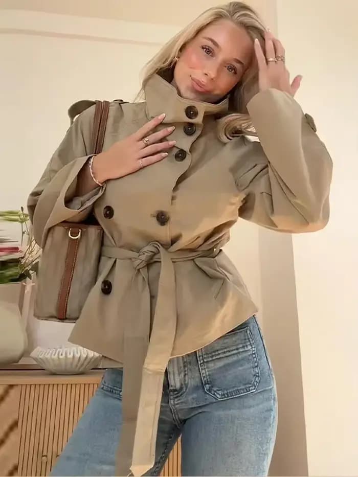 Trench-Coat à col haut pour femmes, couleur unie, élégant, Double boutonnage, à lacets, manches longues, coupe-vent, mode rue, manteau quotidien décontracté