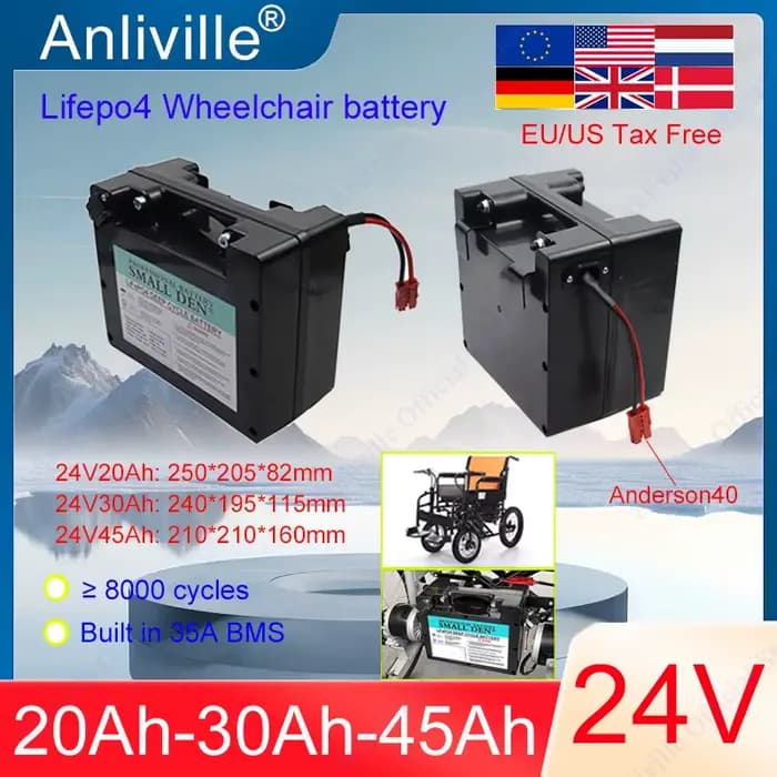 Batterie spécifique pour fauteuil roulant électrique Lifepo4 24V 20Ah 30Ah 45Ah