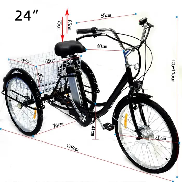 24 pouces 3 roues Tricycle électrique Cargo vélo adulte Senior avec panier arrière 350W famille