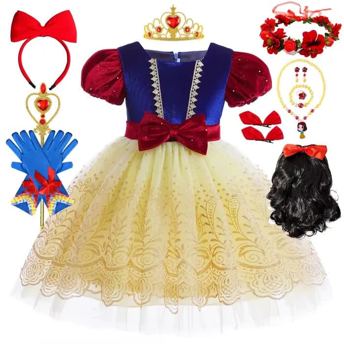 Costume de princesse blanche-neige pour enfants, déguisement de Cosplay d'halloween, vêtements de fête d'anniversaire de film, robe à nœud papillon pour jeu de rôle pour filles
