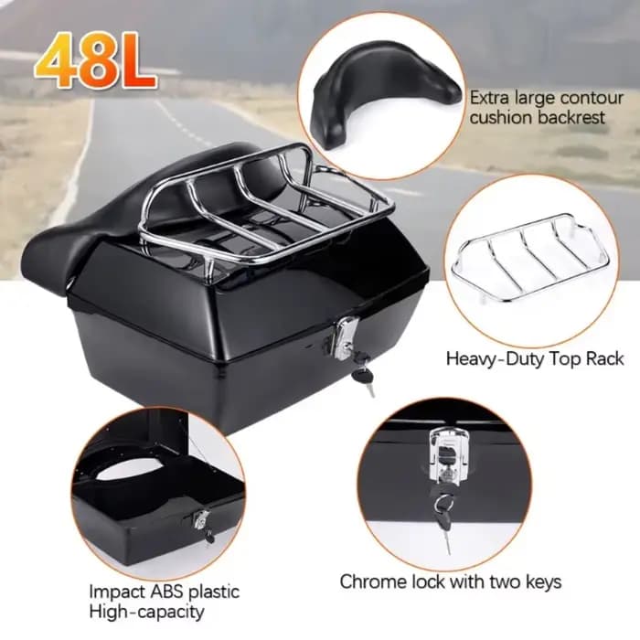 Top Case Moto ABS 48L, Boîte Arrière pour Scooter Électrique avec Porte-Bagages, Peut Contenir Deux Casques Intégraux, Dossier Souple
