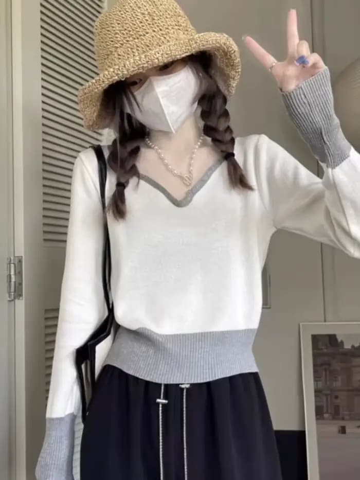 Pull à col en v pour femmes, nouvelle chemise de Base printemps et automne, haut court Unique et polyvalent, 2025