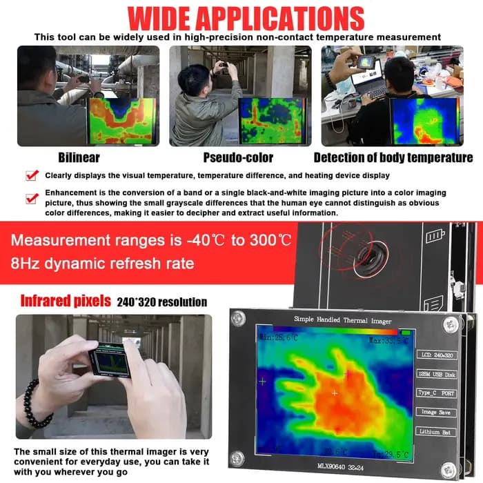 Imageur thermique portable -40 ℃ à 300 ℃ Petite caméra d'imagerie thermique prenant en charge l'image maximale de mesure de la température centrale minimale