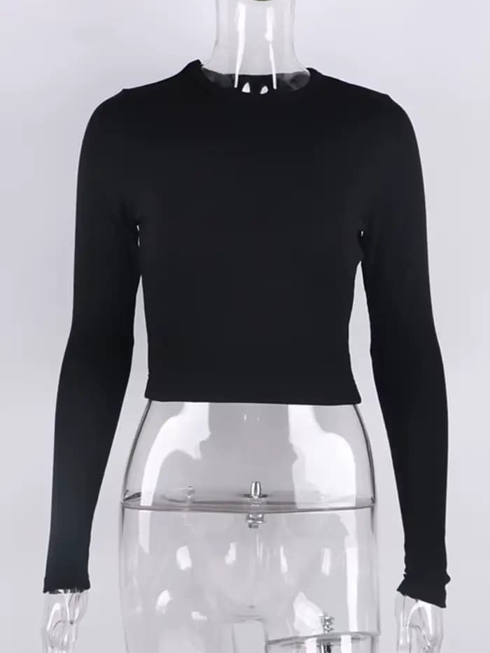 O cou à manches longues chemise femmes côtelé Sexy hauts courts 2024 printemps noir décontracté maigre mince basique femme t-shirts blanc