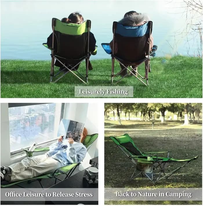 Chaise longue de camping, chaise de camping inclinable portable, chaise de camping pliable avec repose-pieds, appui-tête et sac de rangement