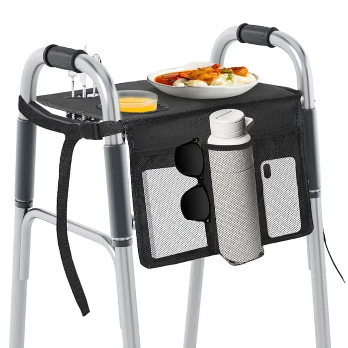 Plateau pliable pour déambulateur avec porte-gobelet
